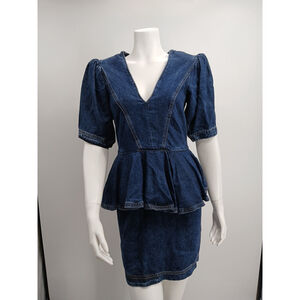 Dark Blue Denim Peplum Dress with V-Neck
